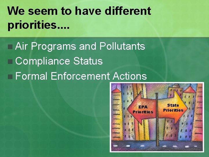 We seem to have different priorities. . n Air Programs and Pollutants n Compliance