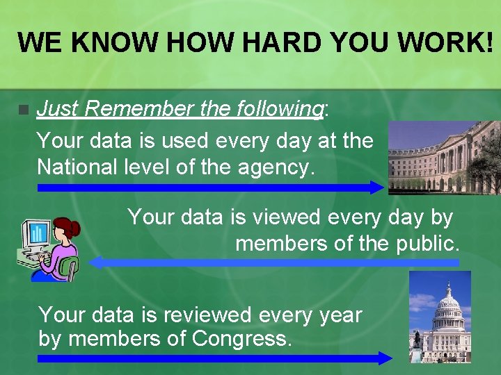 WE KNOW HARD YOU WORK! n Just Remember the following: Your data is used