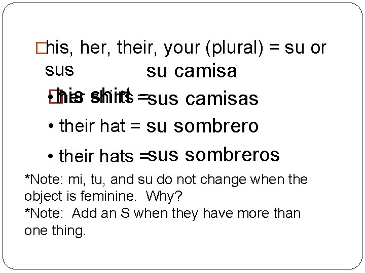 �his, her, their, your (plural) = su or sus su camisa � • his