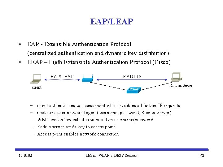 EAP/LEAP • EAP - Extensible Authentication Protocol (centralized authentication and dynamic key distribution) •