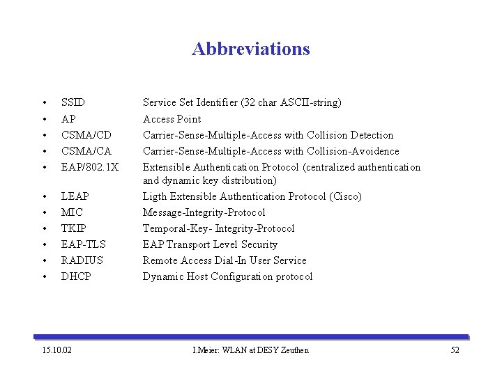 Abbreviations • • • SSID AP CSMA/CD CSMA/CA EAP/802. 1 X • • •