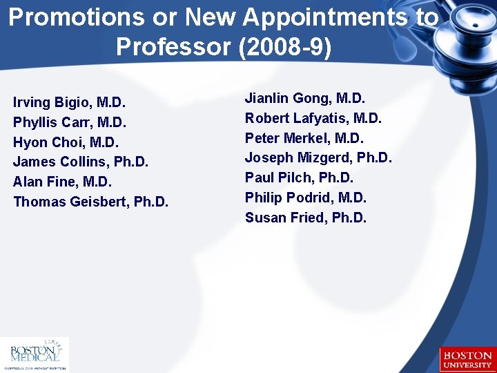 Promotions or New Appointments to Professor (2008 -9) Irving Bigio, M. D. Phyllis Carr,