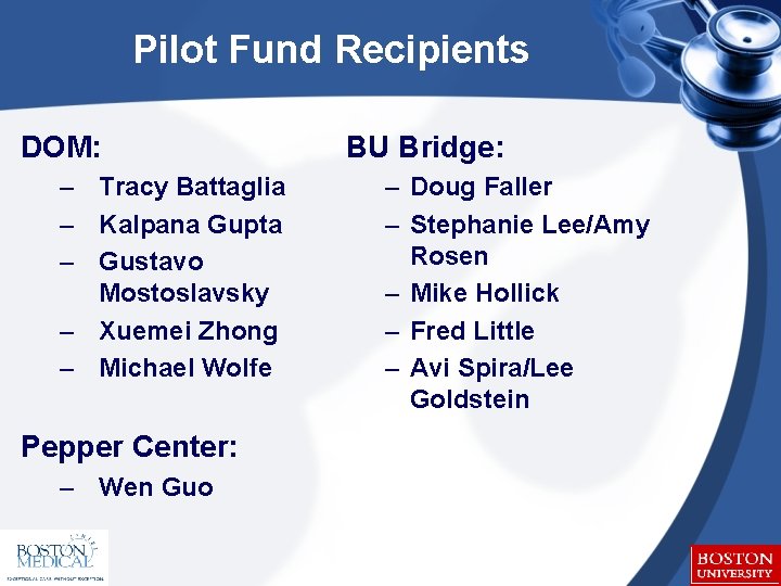 Pilot Fund Recipients DOM: – Tracy Battaglia – Kalpana Gupta – Gustavo Mostoslavsky –