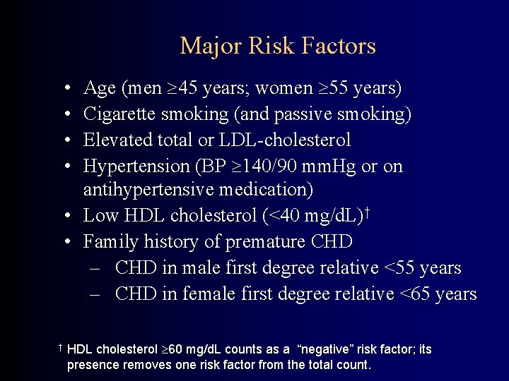 Major Risk Factors • • Age (men 45 years; women 55 years) Cigarette smoking