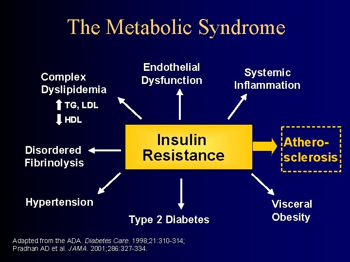 The Metabolic Syndrome Complex Dyslipidemia Endothelial Dysfunction Systemic Inflammation TG, LDL HDL Disordered Fibrinolysis