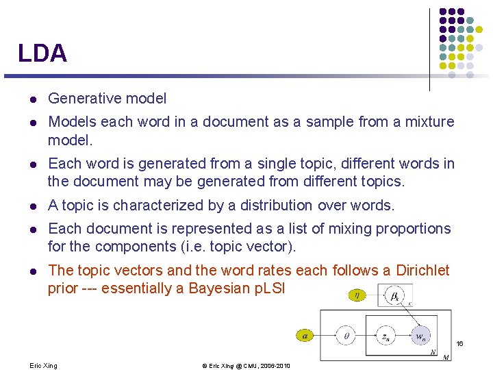 LDA l Generative model l Models each word in a document as a sample
