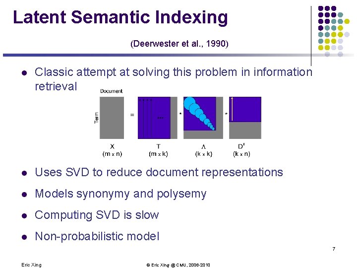 Latent Semantic Indexing (Deerwester et al. , 1990) l Classic attempt at solving this