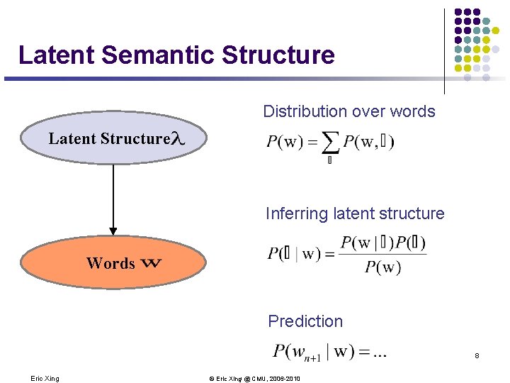 Latent Semantic Structure Distribution over words Latent Structure Inferring latent structure Words Prediction 8