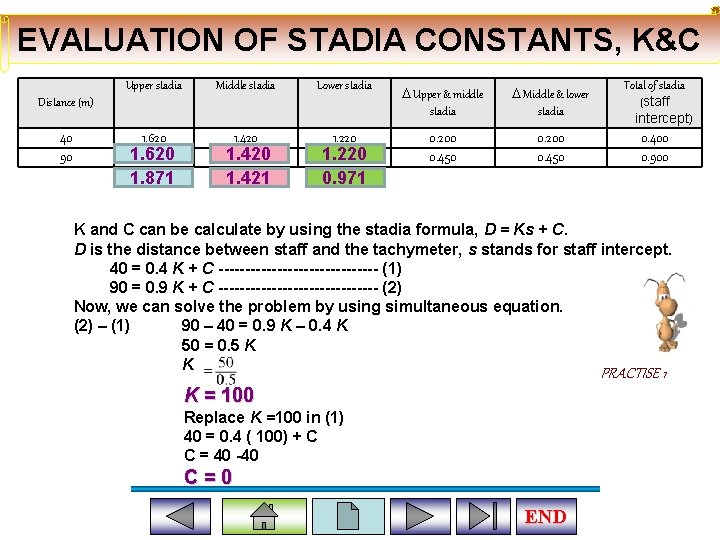 EVALUATION OF STADIA CONSTANTS, K&C Upper stadia Middle stadia Lower stadia Upper & middle