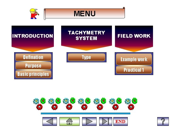 MENU INTRODUCTION TACHYMETRY SYSTEM FIELD WORK Defination Type Example work Purpose Basic principles Practical