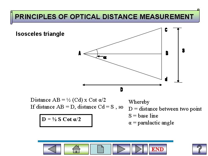 PRINCIPLES OF OPTICAL DISTANCE MEASUREMENT Isosceles triangle Distance AB = ½ (Cd) x Cot