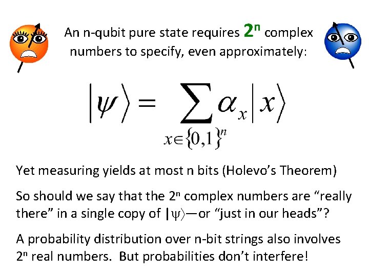 An n-qubit pure state requires 2 n complex numbers to specify, even approximately: Yet