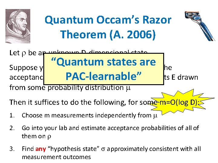 Quantum Occam’s Razor Theorem (A. 2006) Let be an unknown D-dimensional state “Quantum states