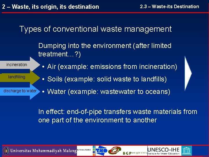 2 – Waste, its origin, its destination 2. 3 – Waste-its Destination Types of 2 – Waste, its origin, its destination 2. 3 – Waste-its Destination Types of