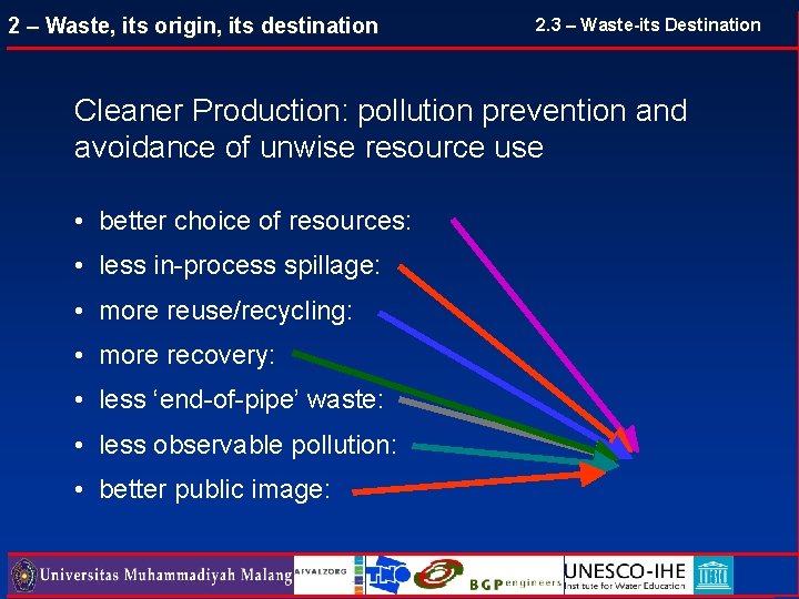 2 – Waste, its origin, its destination 2. 3 – Waste-its Destination Cleaner Production: 2 – Waste, its origin, its destination 2. 3 – Waste-its Destination Cleaner Production: