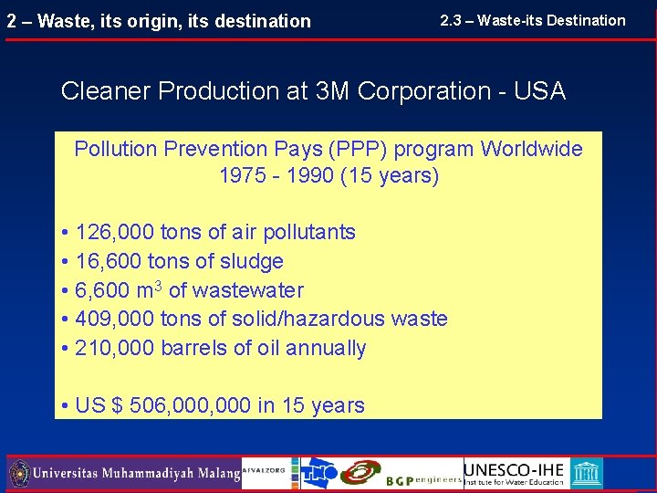 2 – Waste, its origin, its destination 2. 3 – Waste-its Destination Cleaner Production 2 – Waste, its origin, its destination 2. 3 – Waste-its Destination Cleaner Production