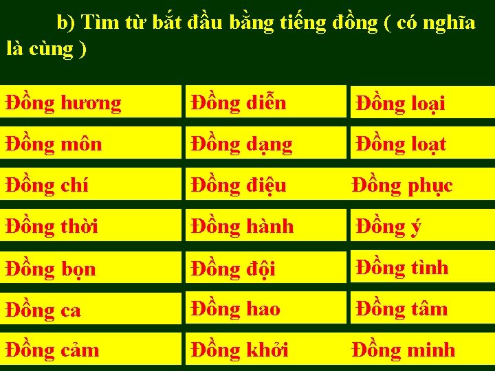 b) Tìm từ bắt đầu bằng tiếng đồng ( có nghĩa là cùng ) b) Tìm từ bắt đầu bằng tiếng đồng ( có nghĩa là cùng )