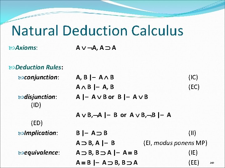 Natural Deduction Calculus Axioms: Deduction Rules: conjunction: disjunction: (ID) (ED) Implication: equivalence: A A,