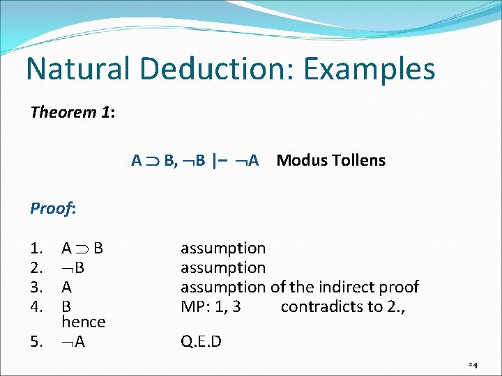 Natural Deduction: Examples Theorem 1: A B, B |– A Modus Tollens Proof: A