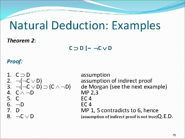 Natural Deduction: Examples Theorem 2: C D |– C D Proof: 1. 2. 3.