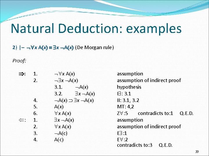 Natural Deduction: examples 2) |– x A x (De Morgan rule) Proof: : :