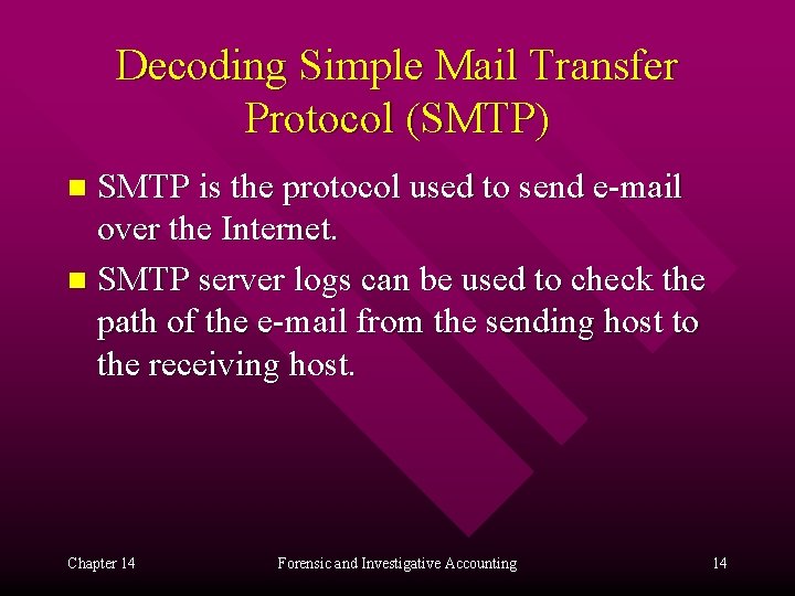 Decoding Simple Mail Transfer Protocol (SMTP) SMTP is the protocol used to send e-mail