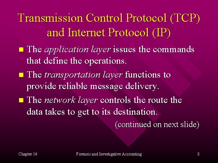 Transmission Control Protocol (TCP) and Internet Protocol (IP) The application layer issues the commands