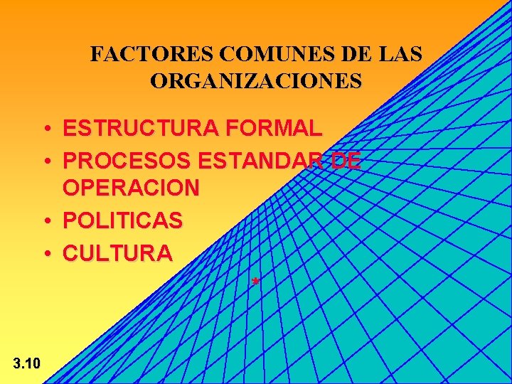 FACTORES COMUNES DE LAS ORGANIZACIONES • ESTRUCTURA FORMAL • PROCESOS ESTANDAR DE OPERACION •