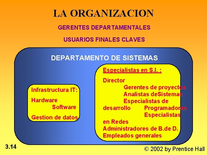 LA ORGANIZACION GERENTES DEPARTAMENTALES USUARIOS FINALES CLAVES DEPARTAMENTO DE SISTEMAS Especialistas en S. I.