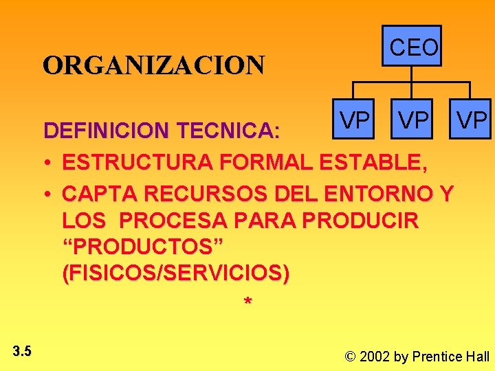 CEO ORGANIZACION VP VP DEFINICION TECNICA: • ESTRUCTURA FORMAL ESTABLE, • CAPTA RECURSOS DEL