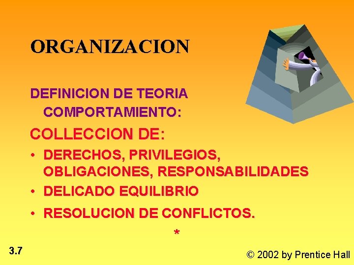 ORGANIZACION DEFINICION DE TEORIA COMPORTAMIENTO: COLLECCION DE: • DERECHOS, PRIVILEGIOS, OBLIGACIONES, RESPONSABILIDADES • DELICADO