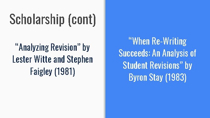 Scholarship (cont) “Analyzing Revision” by Lester Witte and Stephen Faigley (1981) “When Re-Writing Succeeds: