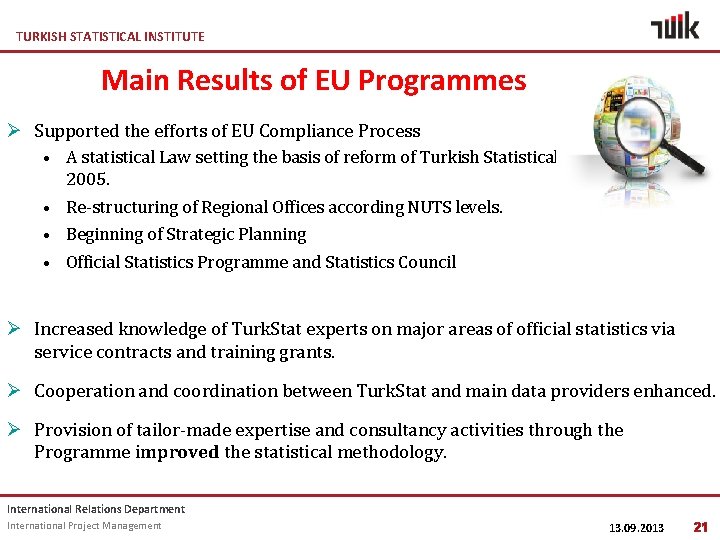 TURKISH STATISTICAL INSTITUTE Main Results of EU Programmes Ø Supported the efforts of EU