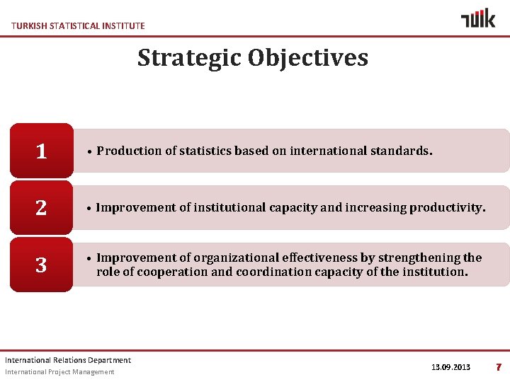 TURKISH STATISTICAL INSTITUTE Strategic Objectives 1 • Production of statistics based on international standards.