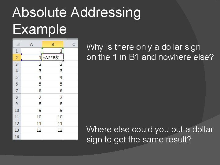Absolute Addressing Example Why is there only a dollar sign on the 1 in