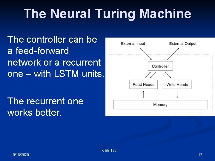 The Neural Turing Machine The controller can be a feed-forward network or a recurrent