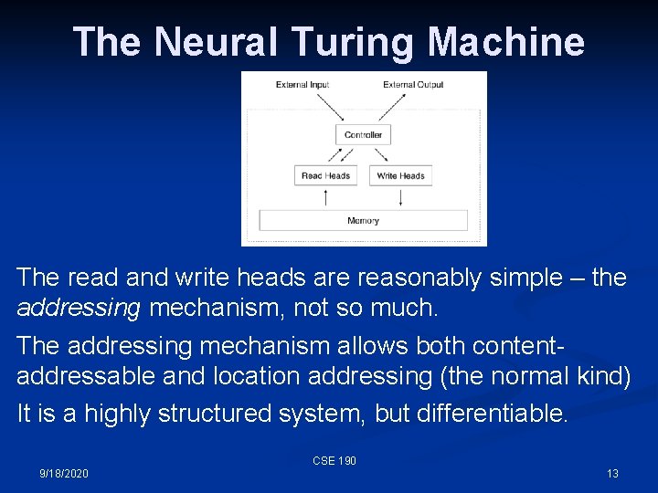 The Neural Turing Machine The read and write heads are reasonably simple – the