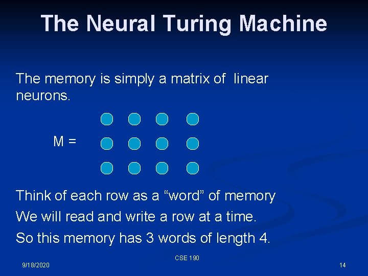 The Neural Turing Machine The memory is simply a matrix of linear neurons. M=