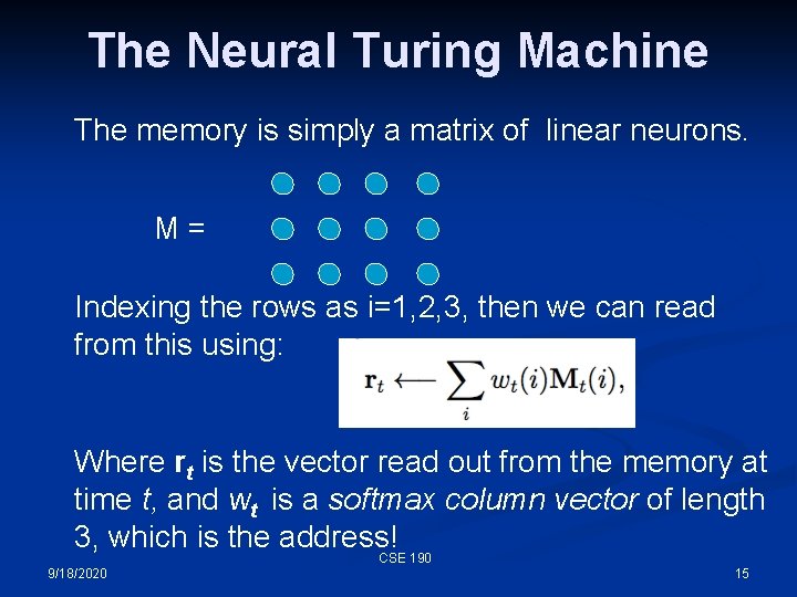 The Neural Turing Machine The memory is simply a matrix of linear neurons. M=