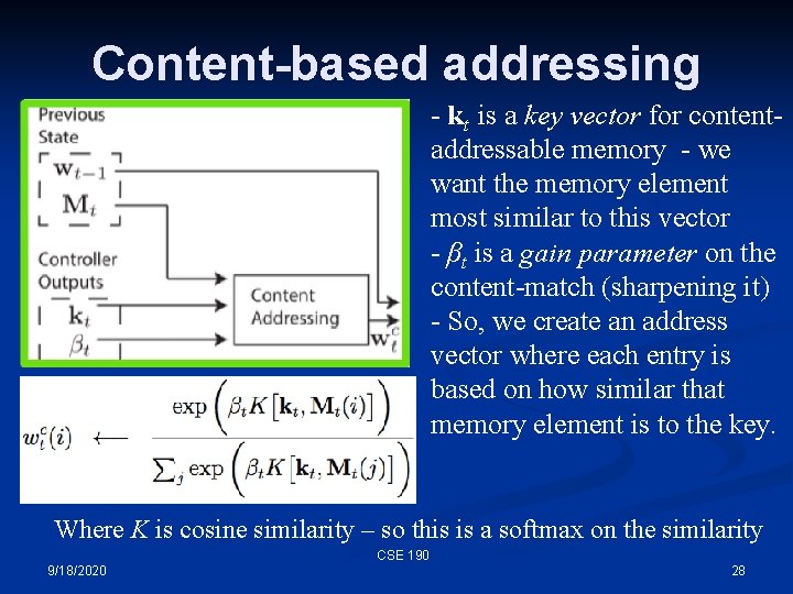 Content-based addressing - kt is a key vector for contentaddressable memory - we want