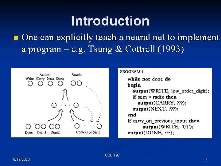 Introduction n One can explicitly teach a neural net to implement a program –