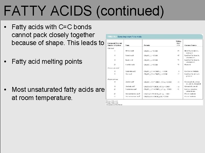FATTY ACIDS (continued) • Fatty acids with C=C bonds cannot pack closely together because FATTY ACIDS (continued) • Fatty acids with C=C bonds cannot pack closely together because