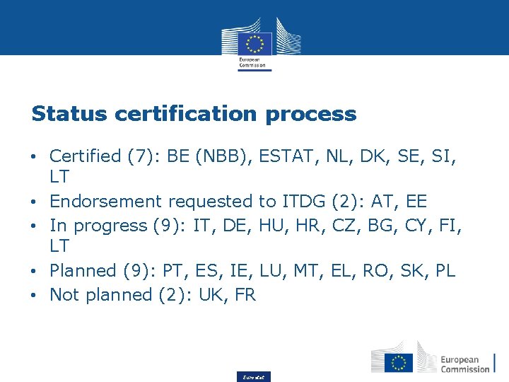 Status certification process • Certified (7): BE (NBB), ESTAT, NL, DK, SE, SI, LT