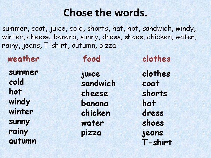 Chose the words. summer, coat, juice, cold, shorts, hat, hot, sandwich, windy, winter, cheese,