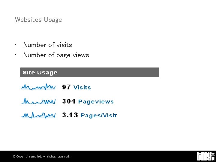 Websites Usage • Number of visits • Number of page views © Copyright tmg