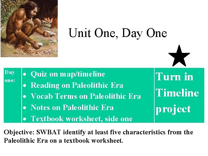 Unit One, Day One Day one: Quiz on map/timeline Reading on Paleolithic Era Vocab