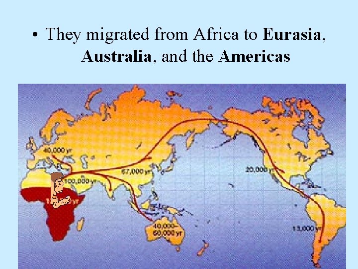  • They migrated from Africa to Eurasia, Australia, and the Americas 
