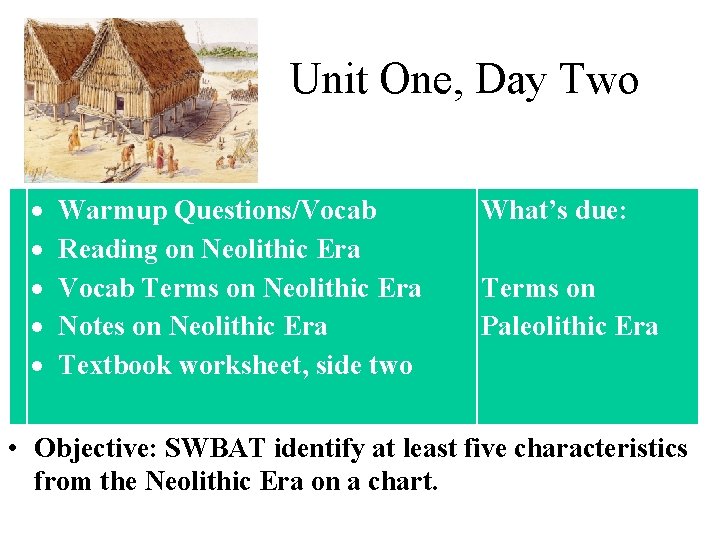 Unit One, Day Two Warmup Questions/Vocab Reading on Neolithic Era Vocab Terms on Neolithic