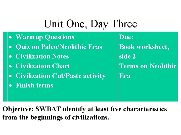 Unit One, Day Three Warmup Questions Quiz on Paleo/Neolithic Eras Civilization Notes Civilization Chart