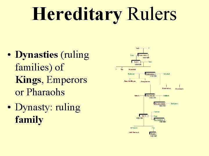 Hereditary Rulers • Dynasties (ruling families) of Kings, Emperors or Pharaohs • Dynasty: ruling